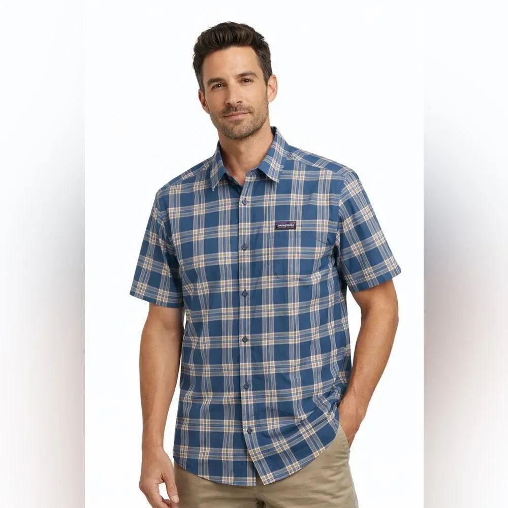Patagonia Men's Blue and Tan Plaid Shirt